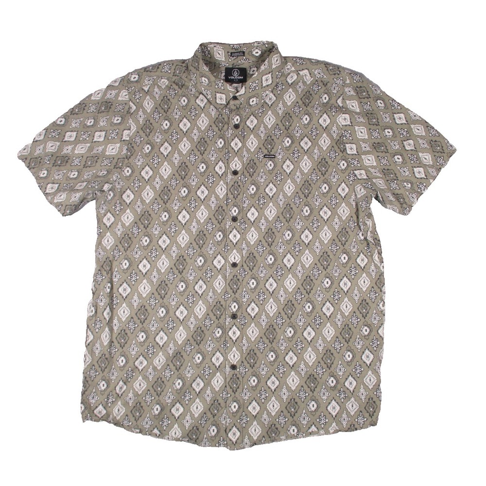 Volcom Short Sleeve Shirt Men's XL Button Front Green White Black Aztec Print